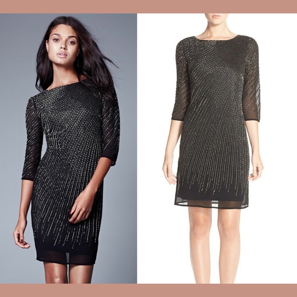 NWT Adrianna Papell Beaded Sheath 3/4 Sleeve Dress Cocktail Black [ SZ 0‎ ]